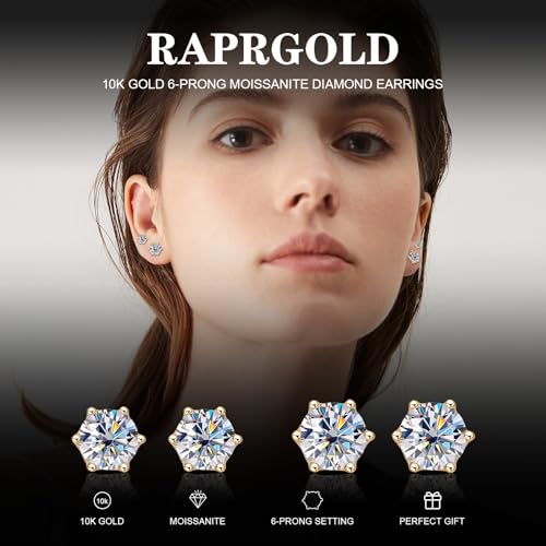 Moissanite Stud Earrings for Men, 10K Real Gold Earrings for Women, D Color VVS1 Round Cut 1CT/2CT Lab Created Solitaire Moissanite Earring Studs Solid Gold Screw Back, Jewelry Gift for Women Men3