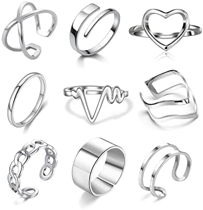 Loqimu 9 Pack Stackable Rings for Women Stainless Steel Rings Aesthetic Adjustable Silver Rings Set for Teen Girls Simple Finger Rings Knuckle Midi Rings Size 9 8 7 10 Vintage Jewelry Rings