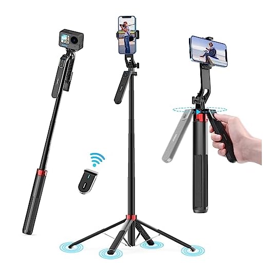 180CM Treppiede per cellulare, Ulanzi Selfie Stick Quad Tripod con telecomando Bluetooth, rotazione di 360° in alluminio estensibile treppiede Smartphone, compatibile, iPhone, Xiaomi, Huawei