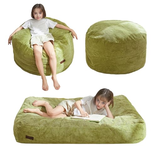 MAXYOYO Bean Bag Chair Bed for Kids, Convertible Bean Bag Folds from Lazy Chair to Floor Mattress Bed, Machine Washable Corded Fabric, Stuffed Floor Sofa Couch for Boys and Girls, Green