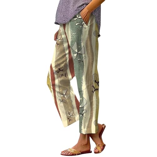 Calça feminina de linho reta com estampa floral de verão com cintura elástica solta com bolsos, Z2c-