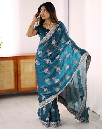 Image of SIRIL Women's Chiffon Scalloped Border Sequins Embroidery Saree with Unstitched Blouse Piece