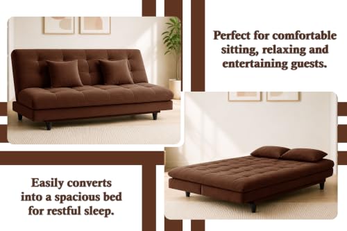 Image of Los Angeles Modern Convertible Futon Sofa Bed, Tufted Upholstered Folding Couch with Adjustable Backrest, Space Saving Sleeper Sofa for Living Room, Apartment, Office, Dorm & Guest Room - Brown