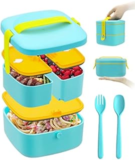 Lunch Box, Multper Upgraded 1600ml Stackable Bento Lunch Box for Adults and Kids, Leakproof Lunch Boxes with Cutlery, Lunch Container with 3 Compartments, Dishwasher Safe, BPA Free Sandwich Box - Blue