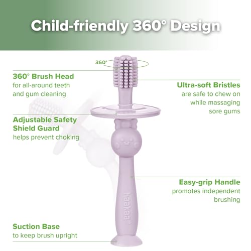 Image of haakaa 360 Baby Toothbrush with Suction Base - Lavender | Gentle Cleaning for Infants, Gum Massage, BPA-Free, Food-Grade Silicone, Adjustable Safety Shield, Safe for Babies 6 Months+