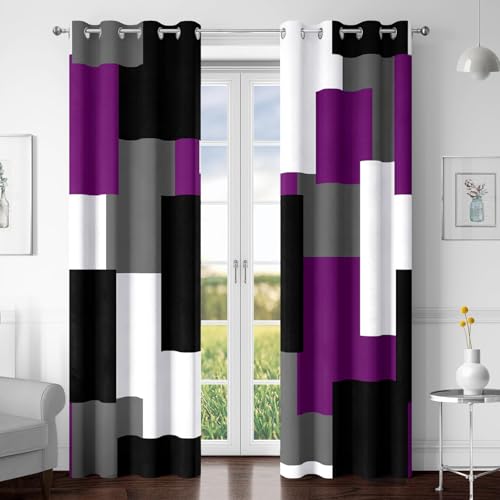 Tyrot Purple 100% Blackout Curtains for Bedroom 63 inch Length 2 Panels Set Black Grey Modern Abstract Geometric Black Out Curtains Insulated Room Darkening Window Drapes for Living Room, 52