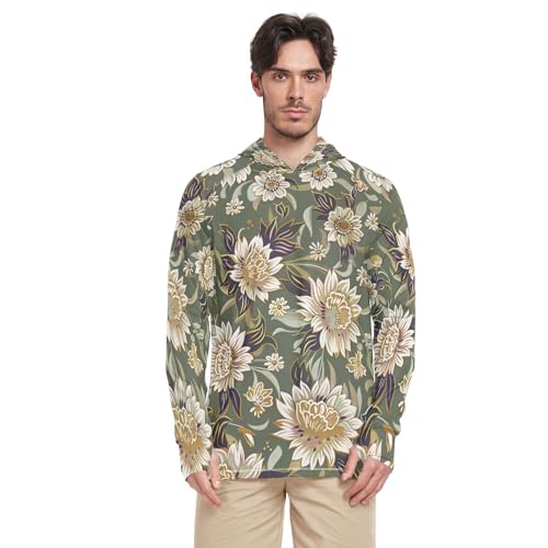 xigua Retro Flowers Men's UPF 50+ Sun Shirts Quick Dry Sun Protection Hoodie With Long Sleeve 721