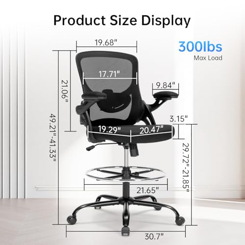 Image of Drafting Chair Ergonomic Comuputer Standing Desk Chair with Flip-Up Arms and Lumbar Support, Tall Office Chair with Adjustable Footrest, Stool Counter Height Office Chairs Black