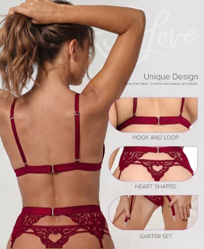 Image of RSLOVE Women Lingerie Set with Garter Belt | Heart Cutout Lace Design, Adjustable Fit, Soft Stretch Fabric, 3 Piece Romantic Lingerie Set