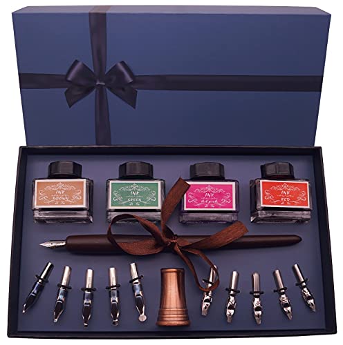 Plotube Calligraphy Pen Set - Includes Wooden Dip Pen, Antique Brass Holder, 11 Nibs, 4 Ink Bottle and Beginner's Manual
