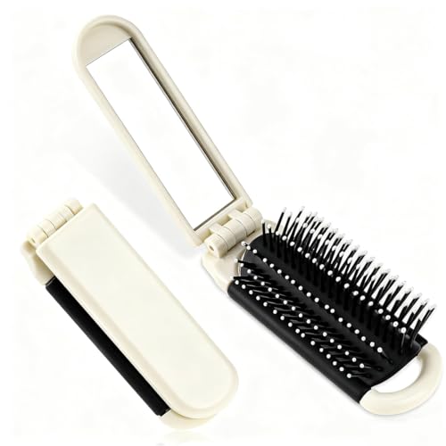 2 Pezzi Spazzola per Capelli Viaggio con Specchio Pieghevole,Mini Spazzola per Capelli, Accessorio delicato per Donna,per Lo Styling dei Capelli per Palestra, Viaggi, Borsa, Nuoto(Bianco Crema)