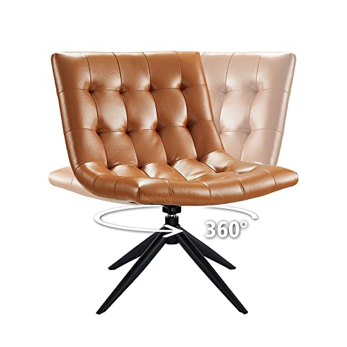 Art Leon Desk Chair No Wheels, Modern Faux Leather Armless Task Chair Mid Back Ergonomic Chair, Swivel Vanity Chair, Home Office Desk Chair For Small Space, Brown #TOP4