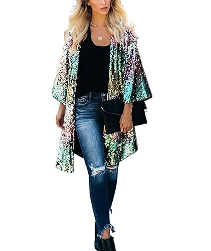 SEMATOMALA Women's Sequin Open Front Long Blazer 3/4 Sleeve Sparkly Duster Cardigans Glitter Shiny Party Festival Outfits3