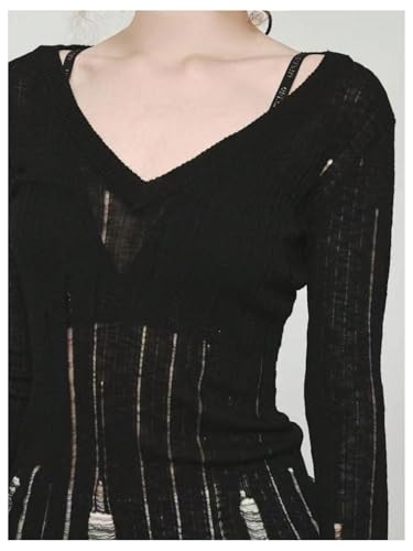 Image of MakeMeChic Women's V Neck Distressed Long Sleeve Sweater Ripped Knit Club Top
