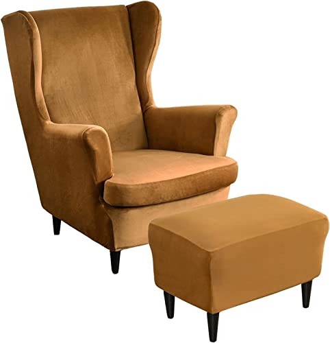 Fundas elásticas de terciopelo lavables con ajuste total para sillón orejero y reposapiés