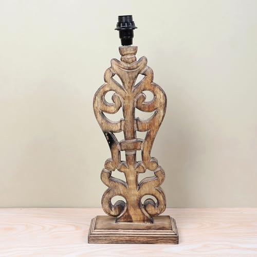 Image of tu casa Mangowood Rustic Brown French Table Lamp for Home Decoration, Bedroom, Living Room, Lounge, Office, Festival Gifting, Study Table (Off White with Satin Shade) H - 21 inch / No Blub