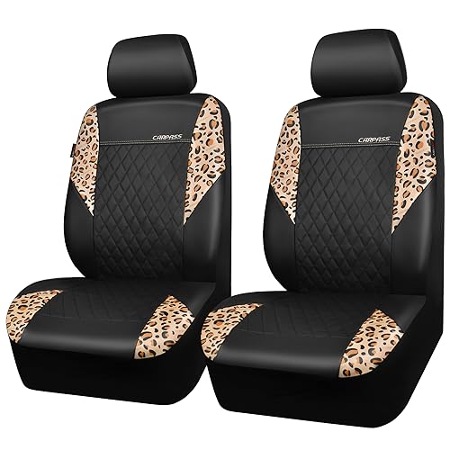 Image of CAR PASS Leather Leopard Two Front Seat Cover Only, Universal Quilting Waterproof Deluxe PU Premium Vinyl Luxury Car Seat Cover Airbag Compatible for Most Sedan,SUV,Truck(Two Front, Brown Leopard)