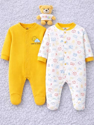 Image of Kidbee Baby Cotton Romper Pack of 2 | 100% Soft Cotton Hosiery | Front Open Snap Buttons | Full Sleeve Footed Sleepsuit | Newborn Baby Clothing Set