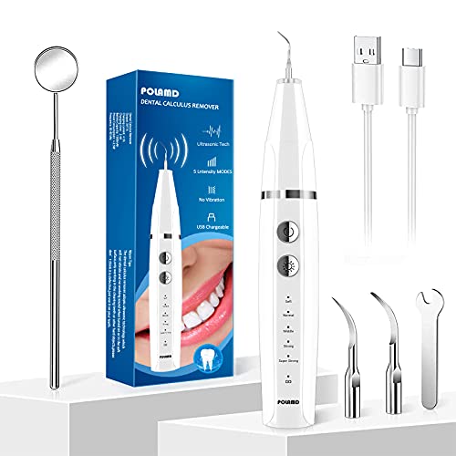 Plaque Remover for Teeth,Electric Teeth Cleaning Kit with LED Light, Sonic Tooth Cleaner Tartar Remover for Teeth with 5 Adjustable Modes and 2 Replacement Head ▏USB Rechargeable(White)