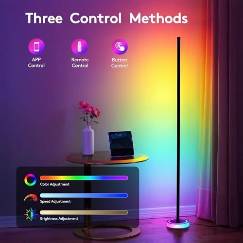 Wfiia 59" Smart LED Corner Floor Lamp, RGBICW Color Changing Ambient Lighting, App Control Music Sync Mood Light, Modern Dimmable Room Decor for Bedroom, Living Room, Gaming Setup, Black