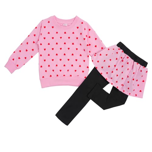 Image of Toddler Valentines Day Outfit Girl Valentines Outfit Heart Graphic Sweatshirts Tops Tutu Leggings with Skirt 3t-9t