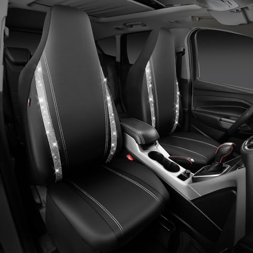 Image of CAR PASS Leather Car Seat Covers Front Two Tesla Model 3 Model Y, Bling Waterproof Universal fit High Back Bucket Diamond Shining Glitter Crystal Sparkle, Truck SUV Cute Women Girl, Silver Rhinestone