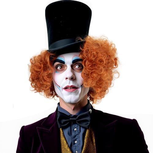 STfantasy Mad Hatter Costume Wig Heat Resistant Fiber Afro Curly Red & Orange Wigs for Women and Men Perfect for Cosplay Parties and Rocky Horror Picture Show