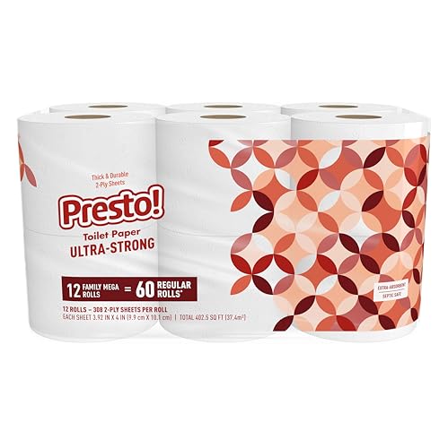 Image of Amazon Brand - Presto! Ultra-Strong 2-Ply Toilet Paper, 12 Mega Rolls = 60 Regular Rolls, 308 Sheets Per Roll, Unscented