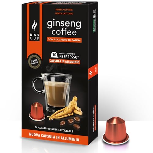 King Cup - 1 Confezione da 10 Capsule di Ginseng con Zucchero di Canna, 10 Capsule 100% Compatibili con Sistema Nespresso di Bevanda al Gusto di Ginseng, Senza Glutine e Senza Lattosio