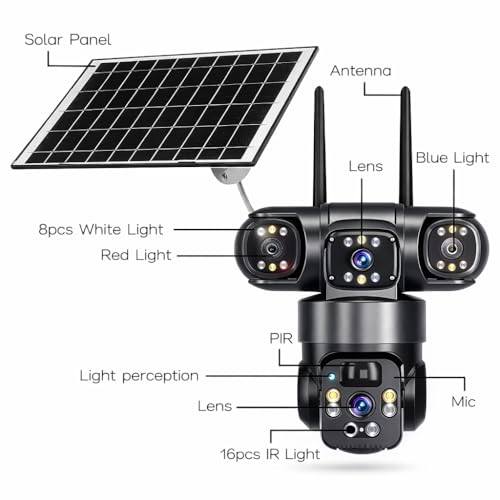 Image of Eyetech 3 Lens Solar 4G Powered PTZ Outdoor CCTV Camera | 360 View | Color Night Vision | Two Way Audio | 4G SIM-Based Security Camera for Home with Mobile App V380 Pro (3 Lens Solar)