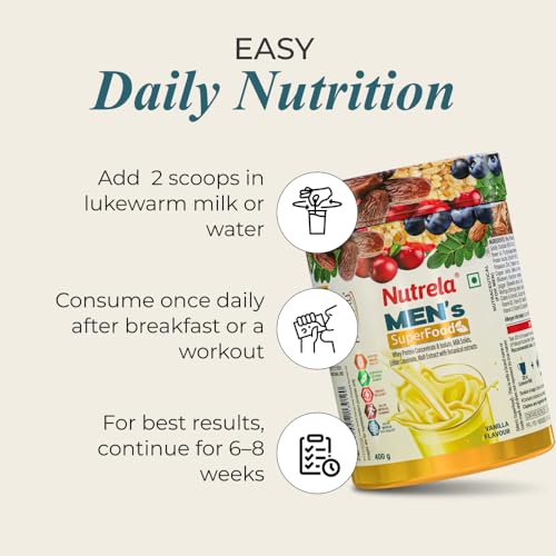 Image of NUTRELA Men Superfoods With Whey Protein Powder - 400g, Vanilla Flavor | Everyday Fitness with Biofermented Multivitamins & Whey Protein to support in Bone & Joints Health, Muscle | Pack of 3