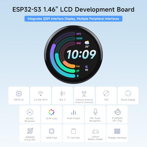 Image of Waveshare ESP32-S3 1.46inch Round Display Development Board, 412x412, Supports Wi-Fi & BLT, Accelerometer and Gyroscope Sensor, Onboard Speaker and Microphone, with Protective Cover Glass