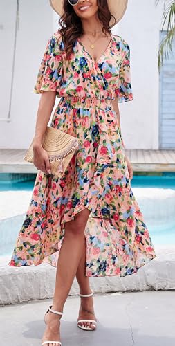 Image of Kormei Women Short Sleeve V Neck Floral High Low Flowy Summer Party Long Maxi Dress