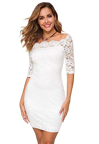 Image of Atnlewhi Womens Vintage Lace Floral Off Shoulder Elegant Swing Dresses A-line Mini Dress for Party Cocktail Wedding