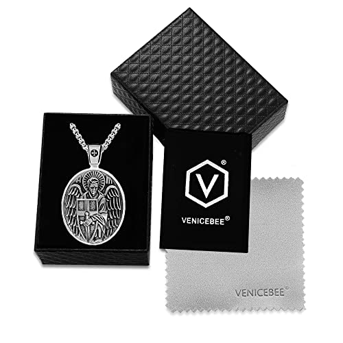 VENICEBEE® Archangel St. Michael Saint Medal Cross Sword Shield Guardian Angel Protection Christian Sacramental Solid 925 Sterling Silver Pendant Necklace + Velvet Pouch, Polishing Cloth, Gift Box3