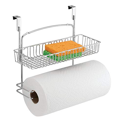 mDesign Over Cabinet Paper Towel Holder with Multi-Purpose Basket Shelf - Hanging Storage Organizer for Kitchen Pantry Laundry Garage - Holds Dish Soap Cleaners Sponges - Metal Wire - Chrome