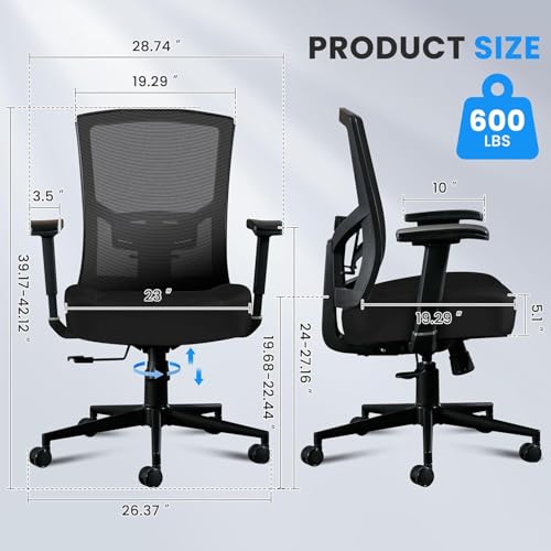Big and Tall Office Chair 600lbs, Ergonomic Home Office Chair for Heavy People with 2D Adjustable Lumbar Support and High Back Heavy Duty Metal Base Mesh Chair(Black) image 1
