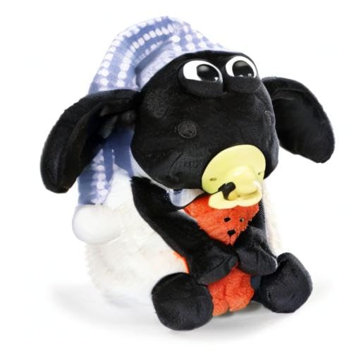 Shaun das Schaf Kuscheltier Timmy mit kleinem Bär, Schnuller und Schlafmütze, 25 cm, Farbe: Weiß/Schwarz