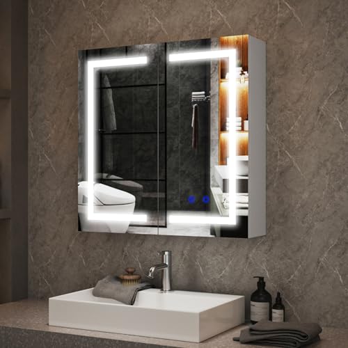 Luxstein Spiegelschrank Badezimmer mit LED Beleuchtung, 3 Lichtfarben 6000K, Anti-Beschlag, Wandmontage, mit Steckdose & Ablage, platzsparend, moderner Badezimmerschrank (60×60 Doppeltür)