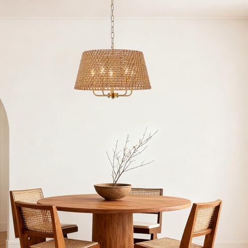 Image of 19.7 inch Gold Boho Rattan Chandelier, 5-Light Wicker Light Fixture | Hand-Woven Rattan; Vintage Farmhouse Style; Adjustable Height; Drum Chandeliers for Dining Room, Kitchen, Bedroom, Entryway
