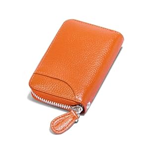 RFID Blocking Leather Wallet for Women Women’s Genuine Leather Credit Card Holder Ladies Small Blocked Accordion Wallets with Stainless Steel Zipper Woman Compact Accordian ID Cards Bag Orange