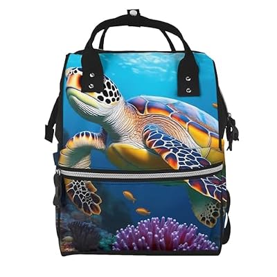 Qewfoju Ice Blue Ocean Sea Turtle Pattern Diaper Bag Backpack Multifunctional Baby Bags for Baby Girls & Boys Large Capacity Travel Diaper Bags for Moms and Dads