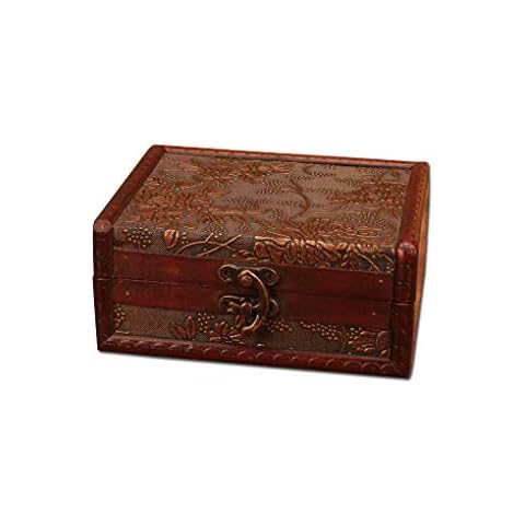 BAOZOON Wooden Treasure Box, Small Decorative Wood Vintage Handmade Treasure Chest Jewelry Keepsakes Box with Mini Metal Lock for Women Girls Ring Necklace Earring Cover