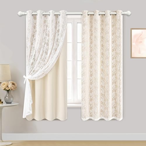 Image of Yinhua Blackout Curtains for Bedroom Double Layer Beige Curtains for Living Room 63 Inch Length 2 Panels Set Kid Curtain with Floral Sheer Overlay, Grommet Drapes with Tiebacks, 52 inch W x 63 inch L