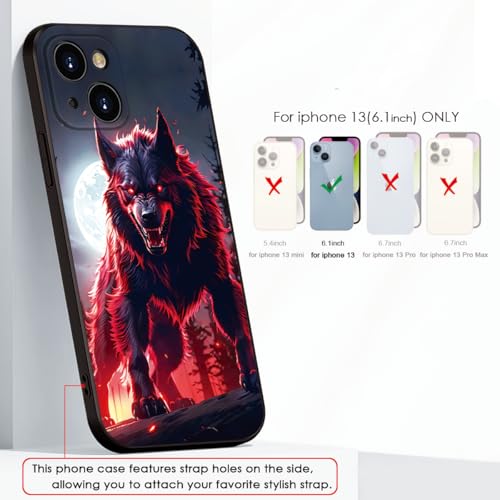 Printed with Wolf for iPhone 13 case, Under The Full Moon, The Wolf King with Untamed Power and Radiating Red Eyes - Silicone Shockproof Case (A1-Wolfs-Animal)