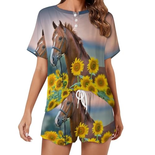 Ensemble pyjama femme court imprimé cheval pour des nuits d'été fraîches