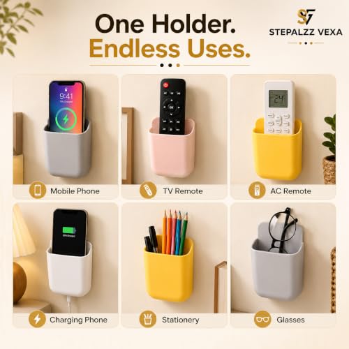 Image of STEPALZZ Wall Mount Mobile Holder Stand (Pack of 4) Self Adhesive Phone Charging Holder Plastic Remote Holder Wall Storage Pocket for Mobile Phone TV AC Remote Charging Organizer for Home Office