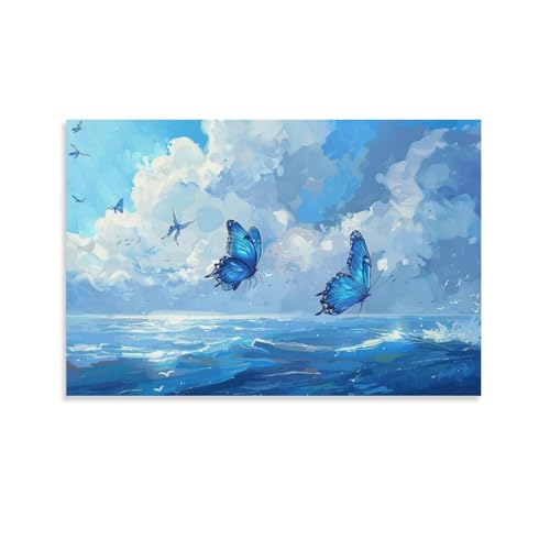 絵画 青い空と白い雲の下に 2 つの美しい青い蝶 アートパネル ポスター 動物イラストアート イラストアート インテリア 絵画 モダン 風景画 装飾画 玄関 壁掛け キャンバス 飾り絵 シリーズ アートボード 部屋飾り 壁飾り 壁の絵 ソファの背景絵画 額
