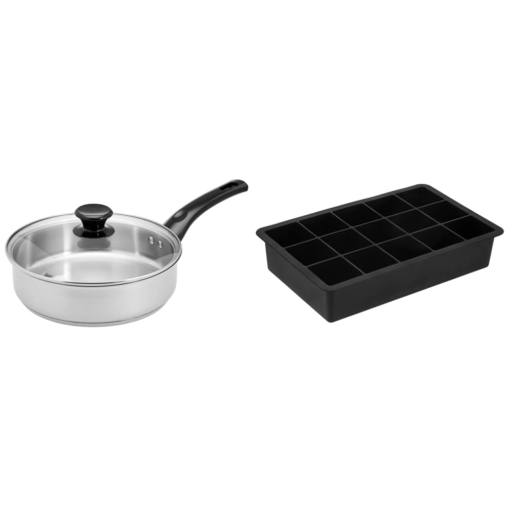 Amazon Brand - Solimo Stainless Steel Sautee Pan with Lid, 24 cm, Silver 15 Cavity Silicone Ice Tray, Black