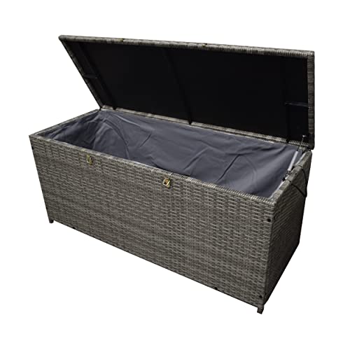 Image of Oakland Living Grey Indoor and Outdoor Balcony Patio Deck Porch Pool 113 Gallon Wicker Storage Box Trunk Bin with Metal Frame